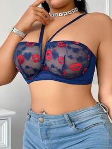 1pc Plus Size Heart & Lip Lace Push Up Lingerie Bra - Blue - View 3