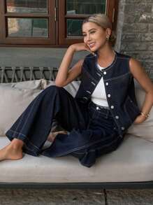 Livesso Women's Single-Breasted Vest And Fringe-Trimmed Waist Jeans Set - Blue - View 7