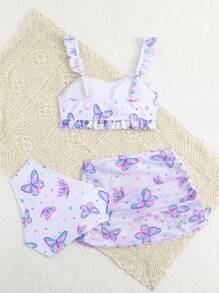 SHEIN 3pcs/Set Girls' Cute Butterfly Draped Bandeau Swimsuit Set (Random Print) - White - View 2