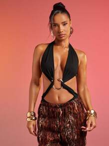 Hauture Women's Solid Color Ring Decor Halter Backless Bodysuit - Black - View 3
