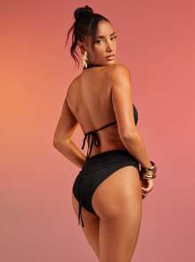 Hauture Women's Solid Color Ring Decor Halter Backless Bodysuit - Black - View 4