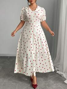 Modelyn Plus Size Heart Woven Short Sleeve Fitted Midi Dress - Apricot - View 1