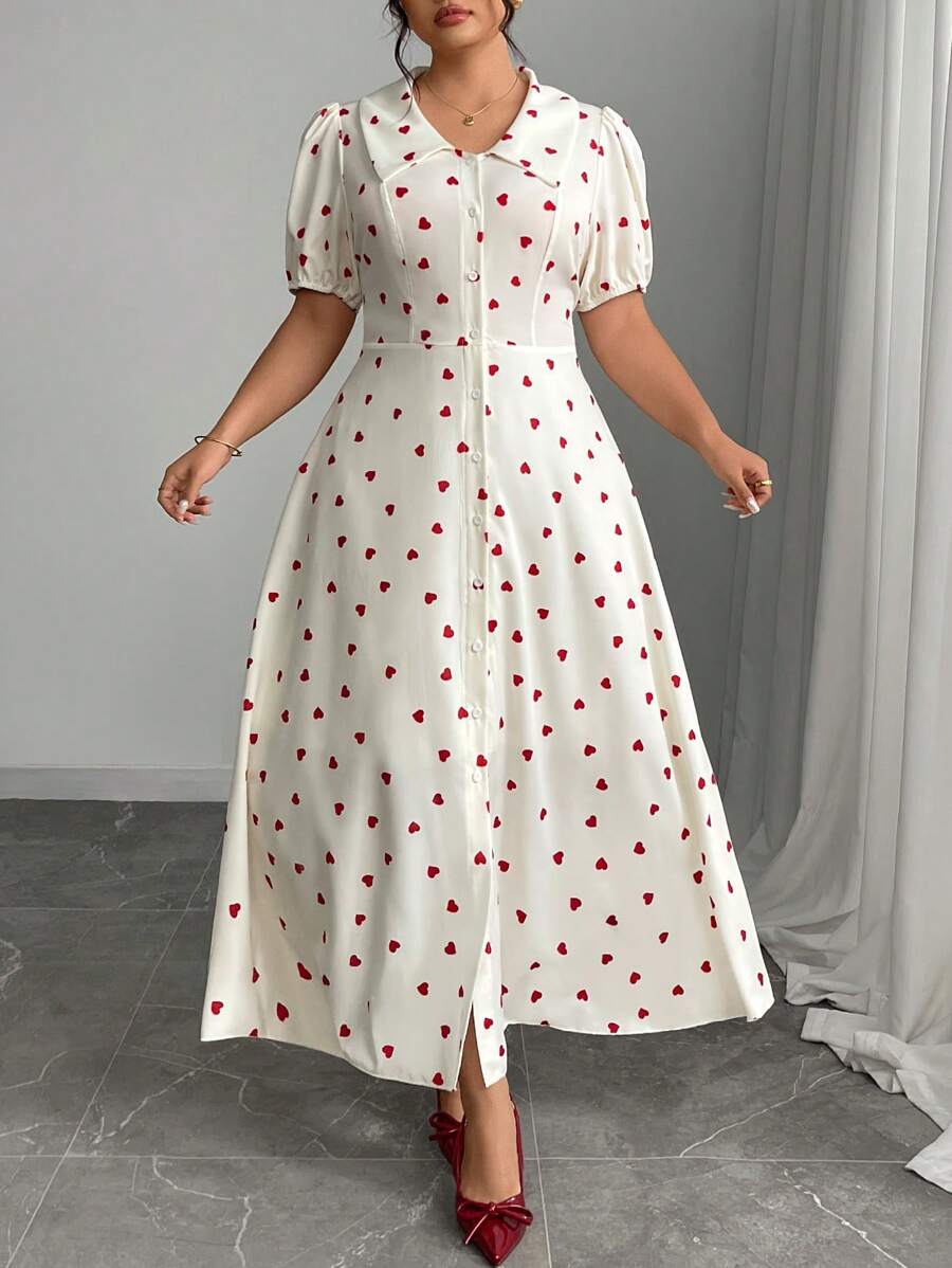Modelyn Plus Size Heart Woven Short Sleeve Fitted Midi Dress - Apricot - View 1