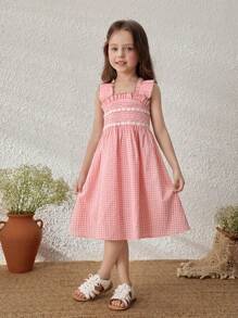 Blossori Pink Plaid Sleeveless Casual Dress For Young Girl - Pink - View 7