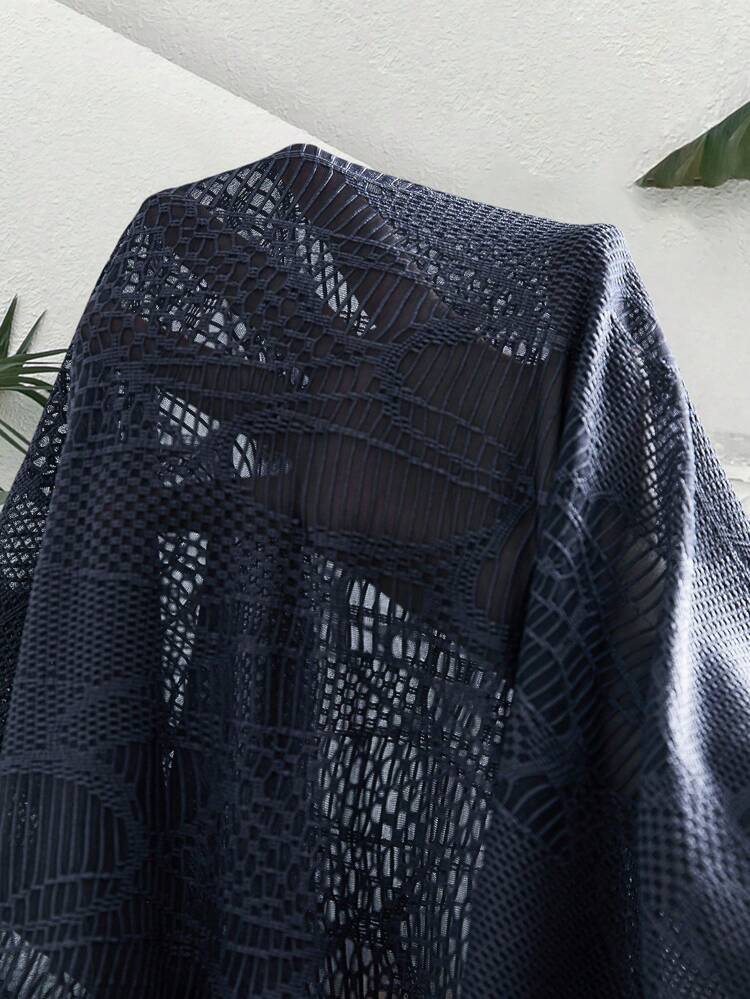 Plus Size Women Summer Vacation Round Neck Short Sleeve Hollow Out Crochet Knittedy Navy Blue Top, Summer Holiday,Vacation,Simple And Fashionable For Everyday Wear,Gifts For Mother,Vacay Vibes,Springbreak,Casual Wear,Bohemia
