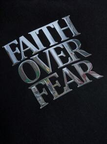 Manfinity EMRG Manfinity Streetrush Men's Street-Style Sports Shirt Featuring An INS-Inspired High-Street Metallic "FAITH OVER FEAR" Slogan Printed On The Back. It Has A Loose Fit With A Zipper Closure On The Front, Making It A Stylish Black Short-Sleeve Option Perfect For Music Festivals And Everyday Wear - Black - View 6