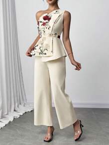 SHEIN Clasi 1 件女士不对称荷叶边腰长裤派对两件套 - 杏色 - 查看 3