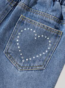 New Girls Mid-Washed Soft Denim Skort, Fashionable Heart Rhinestone Decor, Casual & Comfortable, Lightweight For Summer, 2025 Spring Summer