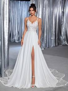 Glamrae 优雅奢华刺绣、亮片、蕾丝和雪纺拼接腰线网眼透视超大连衣裙，侧高开叉，性感露肩，浪漫蕾丝不对称拼接超长拖尾新娘婚纱，新娘