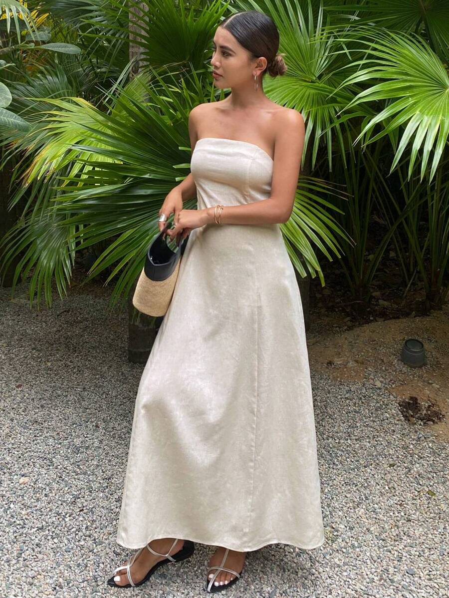 Livesso Form-Fitting Solid Color Maxi Strapless Dress For Women, Vacation Linen - White - View 1