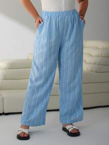 SHEIN EZwear Pantaloni a gamba ampia a righe blu e bianche in taglie grandi, adatti per la primavera/estate
