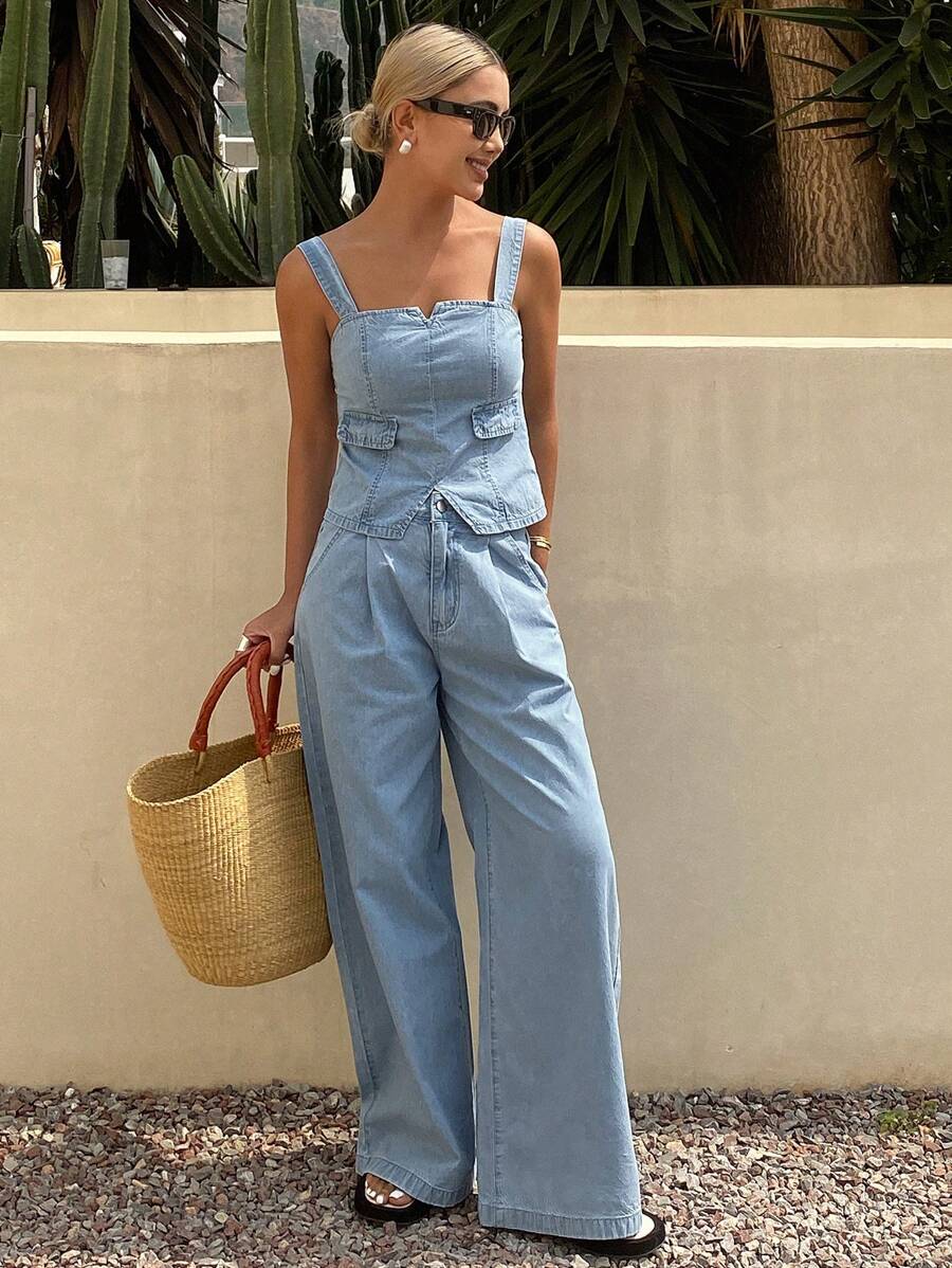 Livesso 女士牛仔两件套服装 - 淺色水洗藍 - 查看 1