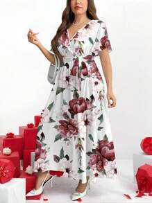 SHEIN CURVE+ 白色夏季優雅單身派對婚禮賓客度假大尺碼花卉圖案抽繩洋裝，飄逸休閒復古太陽裙女款 - 彩色 - 查看 4