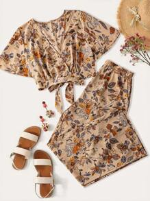 Breezaya Plus Size Women's Hot Selling Printed Summer Round Neck Shirt And Pants Vacation Two Pieces Set, Summer Leisure Vacation Set, Flower Print, Pocket Pants And Round Neck Back Design Two Pieces Set, Lace Up Shirt. - Multicolor - View 1