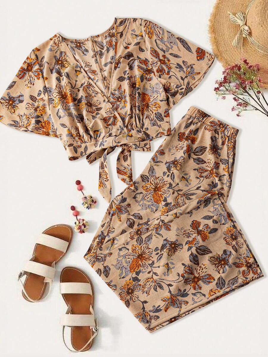 Breezaya Plus Size Women's Hot Selling Printed Summer Round Neck Shirt And Pants Vacation Two Pieces Set, Summer Leisure Vacation Set, Flower Print, Pocket Pants And Round Neck Back Design Two Pieces Set, Lace Up Shirt. - Multicolor - View 1