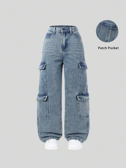 SHEIN Sparklyn Tween Girl Y2K Style Multi Pockets Casual High Waist Light Wash Denim Cargo Jeans Fall Winter