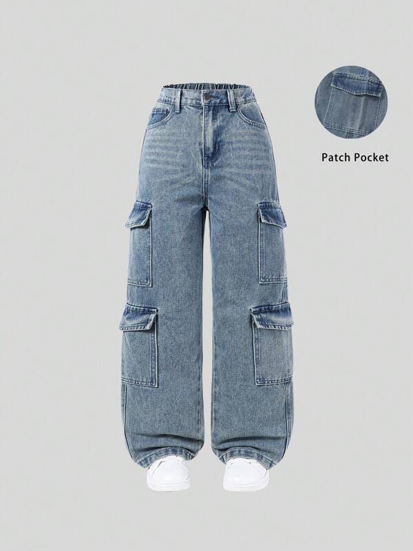 SHEIN Sparklyn Tween Girl Y2K Style Multi Pockets Casual High Waist Light Wash Denim Cargo Jeans Fall Winter