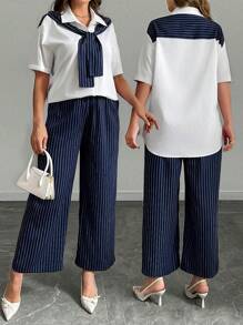 SHEIN LUNE Set de 2 piezas de camisa y pantalones a rayas, adecuado para uso diario y viajes, tallas grandes
