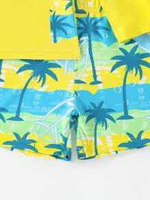 Conjunto de traje de baño de vacaciones para niño con top de manga larga con estampado de palmeras y shorts