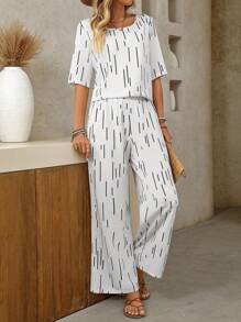 SHEIN LUNE Bộ 2 món/Bộ trang phục in họa tiết rộng rãi cổ chữ V cho nữ - trắng - Xem 4