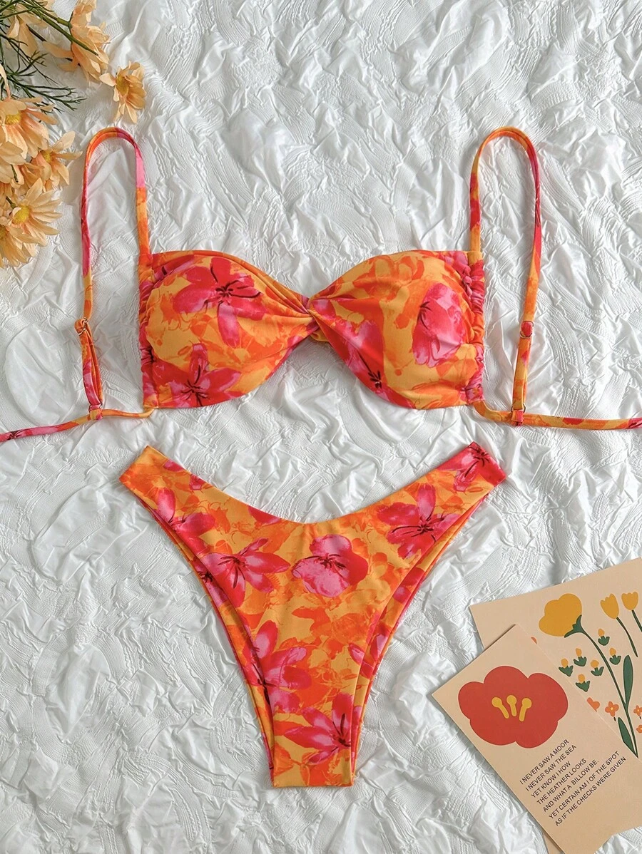 Swim Mod Springbreak 女式细肩带扭纹前部随机印花性感比基尼泳装夏季套装 - 彩色 - 查看 1