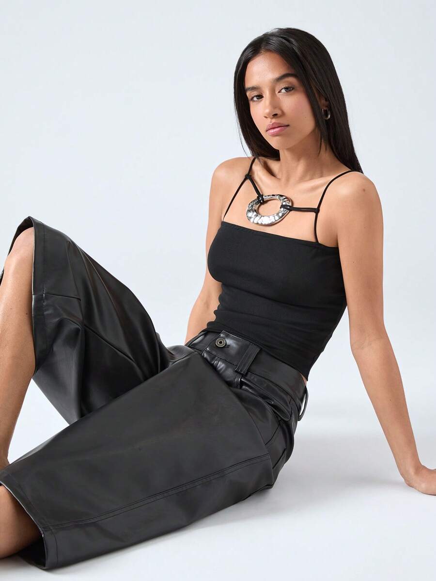 LYSMO Women's Black Knitted Micro Crop Top: Casual Sleeveless Spaghetti Strap Top With Cut Out Detail And O-Ring Accent - Black - View 1