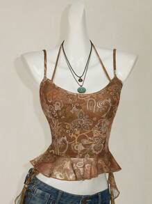 SHEIN ICON Women's Allover Print Ruffle Hem Spaghetti Strap Tank Top, Suitable For Summer - Multicolor - View 11