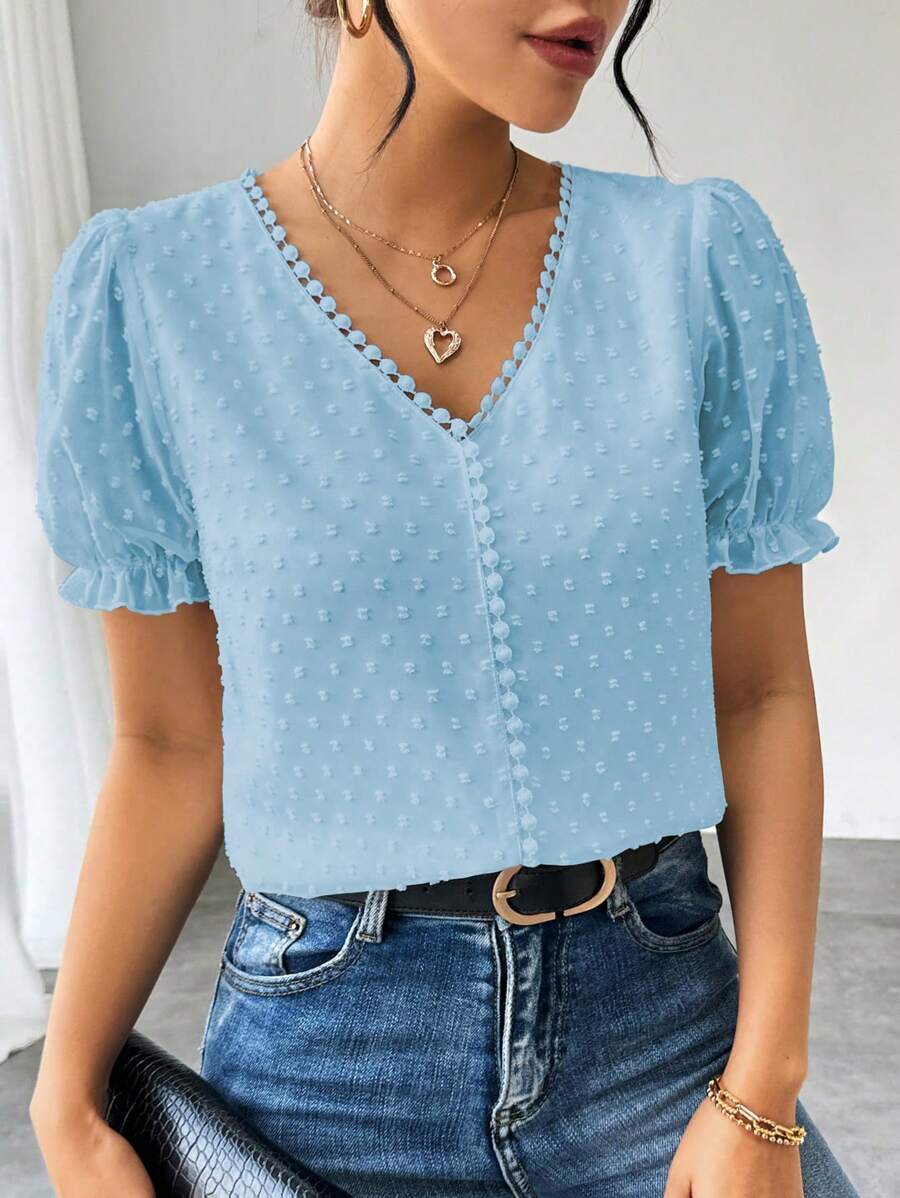 SHEIN Clasi Women's Solid Color Swiss Dot Ruffle V-Neck Puff Sleeve Blouse - Baby Blue - View 1