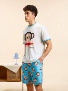 Paul Frank X SHEIN Men's Casual Monkey Print Short Sleeve T-Shirt & Shorts Pajama Set, Summer - Blue and White - View 3