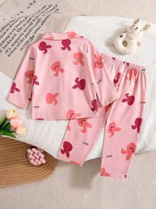 SHEIN 2pcs/Set Baby Girls'Flameretardant Butterfly Digital Print Cardigan Top And Pants Comfy Casual Sleepwear Set,Summer,Travel - Dusty Pink - View 2