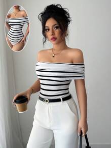 Chiquease 女式露肩条纹连体衣 - 白色 - 查看 1