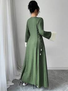 Yasmyna Women's Woven Long Sleeve Two-Tone Lace-Up Waist Open Abaya Robe, Modest - Green - View 2