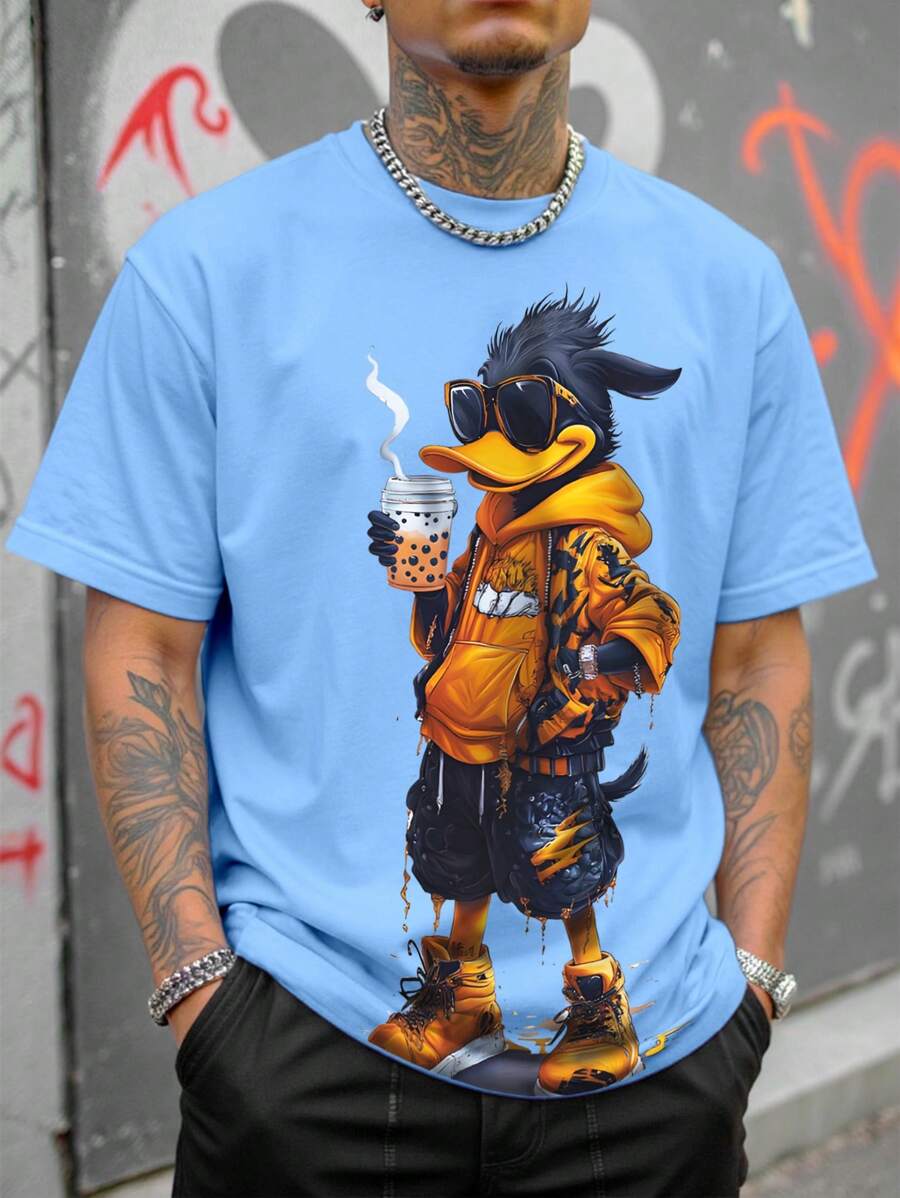 Manfinity Dauomo 男士卡通印花圆领短袖休闲百搭T恤 - 藍色 - 查看 1