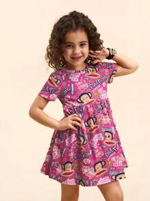 Paul Frank X SHEIN Vestito estivo rosa A-line con stampa di scimmie per ragazza