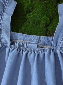 SHEIN Tween Girl Fashion Casual Y2k Vacation Blue Denim Loose Long Top Cute Flowers Lotus Leaves And Small Flying Sleeves For Tween Girl Clothes Boys Soft Dailywear And Tween Girl Summer And Spring Clothes