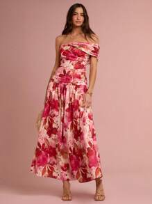 Enchnt Spring/Summer Romantic Women's Elegant Holiday Floral Print Ruched Imitation Linen One Shoulder Midi Dress,Sweet&Elegant Sundress For Birthday&Holiday Party&Wedding Season&Sweet Date &Garden Parties&Vacation Spring/Summer Women Outfits,Summer Dresses For Women,Tea Party Dress - Hot Pink - View 1