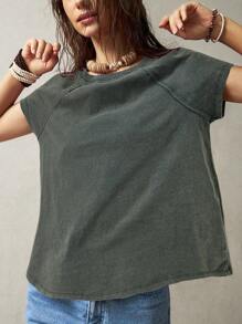 Bohemela Women Vacation Simple Solid Color Raglan Sleeve Short Sleeve T-Shirt - Grey - View 3