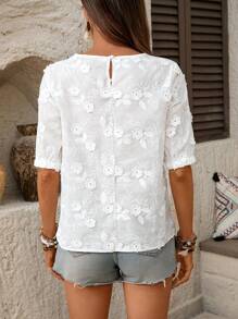 SHEIN LUNE Women's White Semi-Sheer Woven Fabric Blouse With Delicate 3D Floral Embroidery, Round Neck, And Half Sleeves For A Casual Style