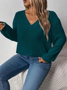 Plus Size Women Loose V-Neck Wide Ribbed Casual Pullover Sweatshirt, Autumn/Winter Graduation,Back To School,Graduation,Teacher,Back To School Fall