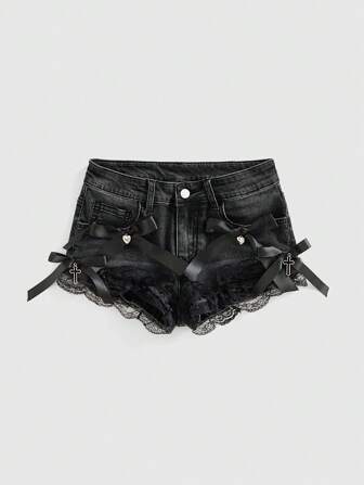 Goth Gothic Cute Lace Trim Bow Decor Super Short Sexy Mini Plus Size Denim Shorts