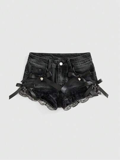 Goth Shorts de mezclilla miniextracortos sexy con lazo y adorno de encaje estilo gótico y cute para tallas grandes