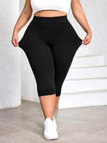 SHEIN CURVE+ Plus Size High Waist Black Skinny Leggings, Casual & Suitable For Summer, Cool Fabric Stretch Leggings, Curve Plus, Boho Vacation - Black - View 2