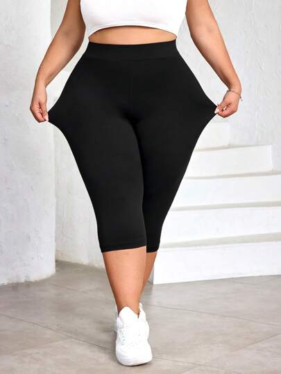 SHEIN CURVE+ Plus Size High Waist Black Skinny Leggings, Casual & Suitable For Summer, Cool Fabric Stretch Leggings, Curve Plus, Boho Vacation