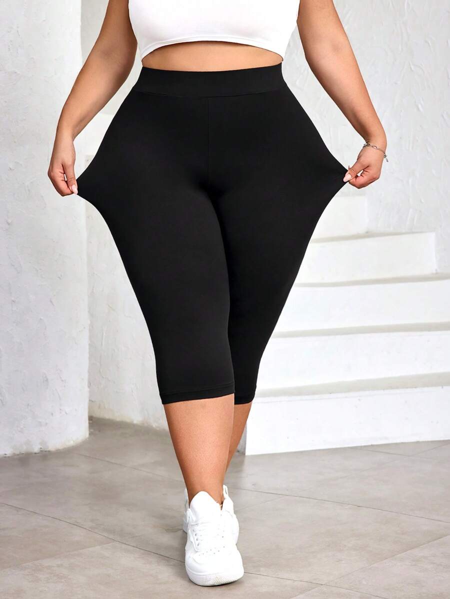 SHEIN CURVE+ Plus Size High Waist Black Skinny Leggings, Casual & Suitable For Summer, Cool Fabric Stretch Leggings, Curve Plus, Boho Vacation