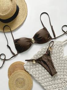 Swim Basics 2 件套女士夏季海滩度假服装，金属纯色细肩带抹胸上衣和丁字裤 - 咖啡棕 - 查看 1