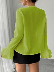 Rafferiza Blusa holgada de mujer de gasa de unicolor con mangas farol, cuello en V y lazo delantero, estilo francés elegante para el otoño