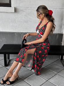 Pariaura Vestido casual de playa y verano para mujer con estampado floral, escote en V, encaje de contraste y sin mangas