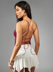 MISSGUIDED Top canottiera impreziosita con perline, con schiena allacciata, spalline regolabili, adatta per eventi serali, feste, festival estivi