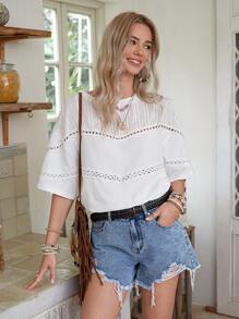 LanaWest 女士休闲纯色拼布提花面料和蕾丝边 - 白色 - 查看 1