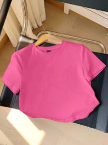 SHEIN EZwear 休闲短款玫红色圆领短袖修身女式T恤，适合春秋季 - 玫紅色 - 查看 3